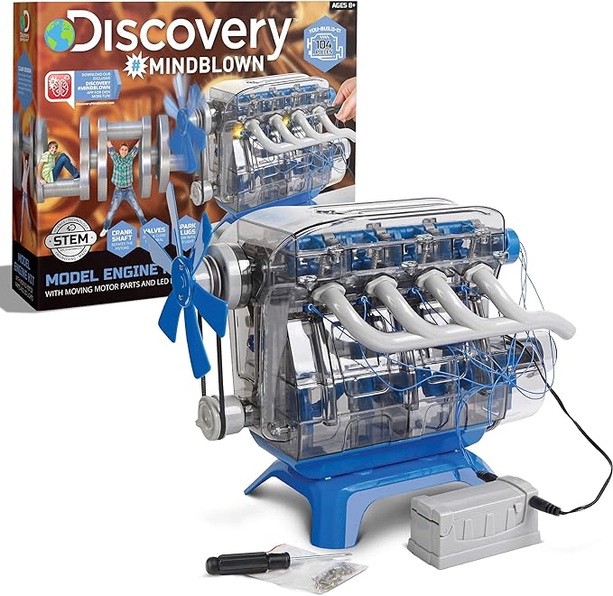 Discovery Model Engine Building Kit, DIY 4-Cylinder Combustion Engine, Working Pistons Fan Valves Belts LED Lights, STEM Mechanic Engineering Construction Experiment Set, Kids & Adults Gift