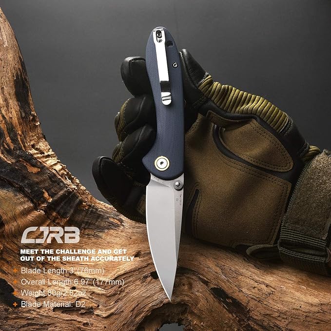 CJRB Folding Knife Feldspar Pocket Knife Stonewash D2 Steel Blade G10 Tactical Handle EDC Knife, Blue Handle-Small (J1912)