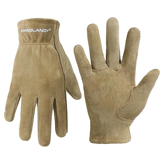 HANDLANDY Kids Genuine Leather Work Gloves for ages 3-11, Children Gardening Gloves for Boys, Girls (Medium (for age5-7), Khaki)
