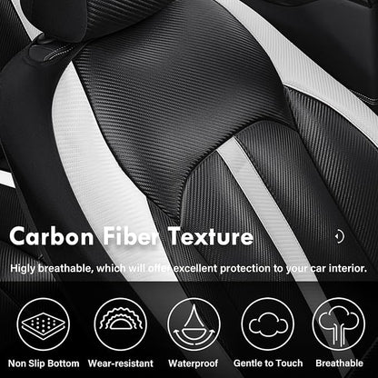 Coverado Leather Car Seat Covers Full Set & Carbon Fiber, Waterproof and Durable All Weather Protector, Universal Fit for SUV, Pickup Truck, Sedan, Automotive Vehicle Interior, Black&White