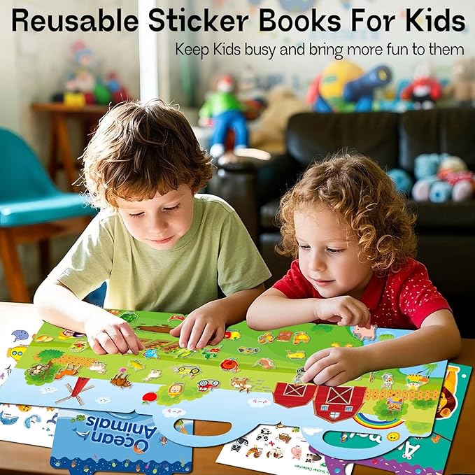 Reusable Sticker Books for Toddlers 1-3, 3 Sets Sticker Books for Toddlers 2-4 Years, Toddler Travel Toys for Kids 2 3 4 Year Old Girls Boys