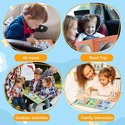 ASTARON 3D Magnetic Puzzle with 60 Puffy Stickers for Toddlers, 41 Pieces Construction Vehicles Toddler Puzzles Preschool Education Learning Travel Toys Car Plane Activities for Kids Quiet Time