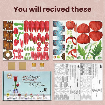 Jege 3D Flowers Wooden Puzzles for Adults,DIY Wooden 2 Flowers per Kit Building Set for Home Decor, Creative Craft Gift Toys Kits with 2 Perfume Bottles and Diffuser Sticks (Rose + Corn Poppy)