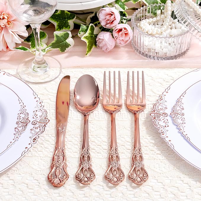 40PCS Rose Gold Plastic Silverware - Heavy Duty Elegant Disposable Utensils - Rose Gold Plastic Cutlery set Includes 20Forks, 10Spoons, 10Knives for Dinner, Parties, Weddings