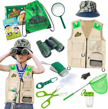 ESSENSON Outdoor Explorer Kit & Bug Catcher Kit with Vest, Outdoor Toy Gift for 3 4 5 6 7 8+ Year Old Boys Girls Kids Binoculars, Magnifying Glass, Butterfly Net, Camping, Adventure