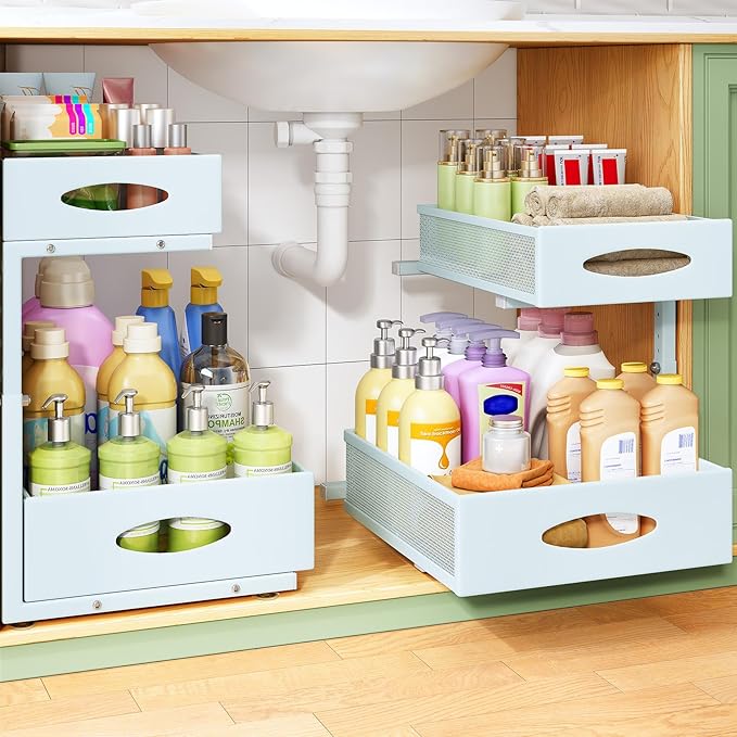Under Sink Organizer, L-Shaped Adjustable Height, Mesh Sliding Drawer