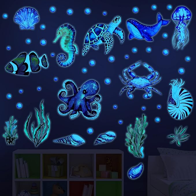 52 Pcs Ocean Fish Wall Decals Glow in The Dark Under The Sea Wall Decals Sea Animals Stickers Removable Waterproof Peel and Stick for Kids Bathroom Watercolor Ocean Decor(Funny Style)