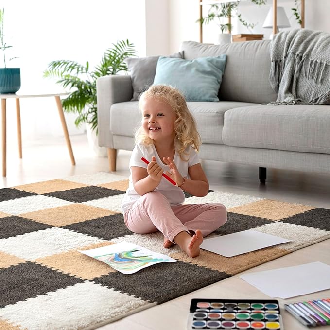 36 Pcs Plush Interlocking Carpet Tiles, Non-Toxic Foam Carpet Tiles for Toddler Baby, Machine-Washable, Anti-Slip, EVA Foam Interlocking Tiles for Floor, Nursery, Playroom, Grey White Light Brown