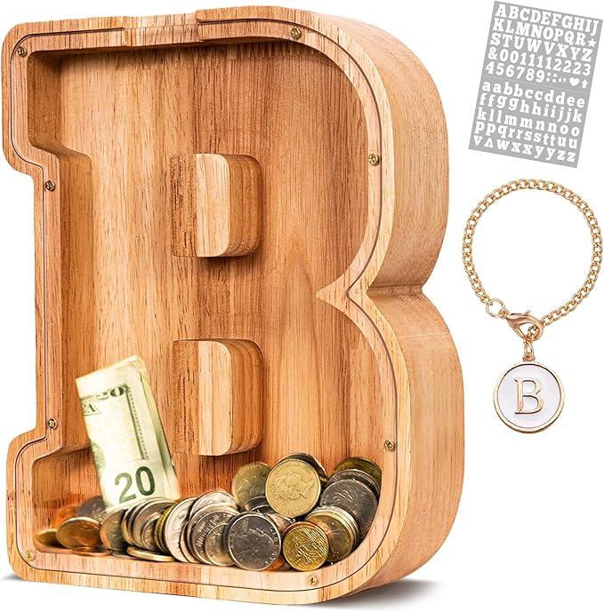 KMC Wooden Letter Piggy Bank, Personalized Initial Piggy Bank for Kids Boys, Clear Alphabet B Wood Money Box, Unbreakable Coin Saving Jar, Birthday, for Children
