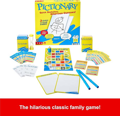 Mattel Games Pictionary Family Board Game for Kids, Adults and Game Night for 2 Teams with Erasable Markers, Boards and Sand Timer