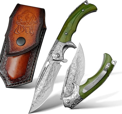 Damascus Steel Folding Knife, 3.6 '' VG10 Sandwich Damascus Steel bone Handle with Pocket Clip, for Camping and Travel EDC