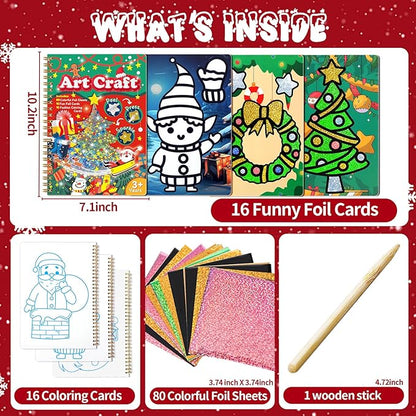 JULEASEL Christmas Foil Paper Arts and Crafts Kits, DIY Xmas Arts and Crafts for Kids, No Mess Foil and Coloring Books, Creative Christmas Gifts for Boys Girls Ages 4+, Kids Travel Essentials Toy