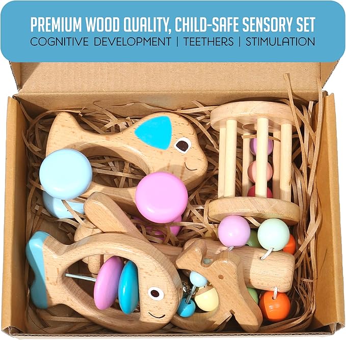 Montessori Mama Wooden Toys for Babies 5-Piece Collection - Multi-Sensory Learning Rattle for Babies - Infant Wooden Toy Set Baby Weights Toys - Teether
