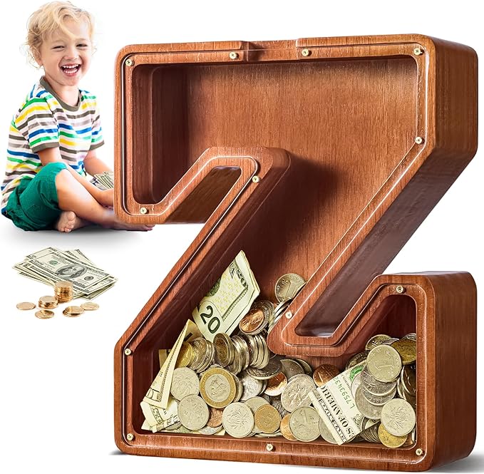 Summidate Large Wooden Piggy Bank for Kids Adults, Alphabets Letter A-Z Piggy Bank for Boys Girls, Coins Bills Change Bank Box Personalized Initial Name Kids Money Bank for Birthday Present and Decor