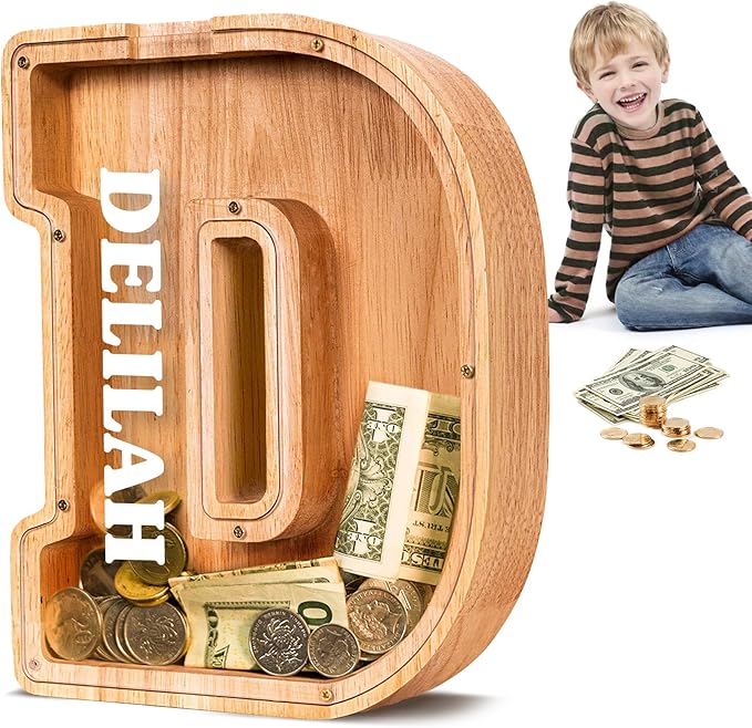 KMC Wooden Letter Piggy Bank, Personalized Initial Piggy Bank for Kids Boys, Clear Alphabet D Wood Money Box, Unbreakable Coin Saving Jar, Birthday, for Children