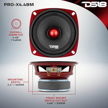 DS18 PRO-X4.4BM Loudspeaker - 4", Midrange, Red Aluminum Bullet, 200W Max, 100W RMS, 4 Ohms - Premium Quality Audio Door Speakers for Car or Truck Stereo Sound System (1 Speaker)