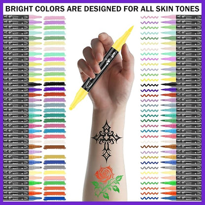 Ponhey Temporary Tattoo Markers for Skin, 36 Body Markers+67 Large Tattoo Stencils,Dual-End Tattoo Pens,Fine Lines with Cosmetic-Grade,Flexible, Skin-Safe Face Paint Kit for Kids Teenage Adults