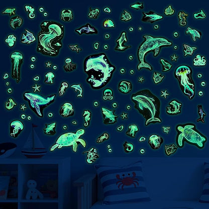 Fantasy Ocean Fish Wall Decals Glow in The Dark, Colorful Neon Ocean Animal Wall Stickers for Kids, Waterproof Vinyl Sea Creature Stickers, Ceiling Walls Room Bathroom Bedroom