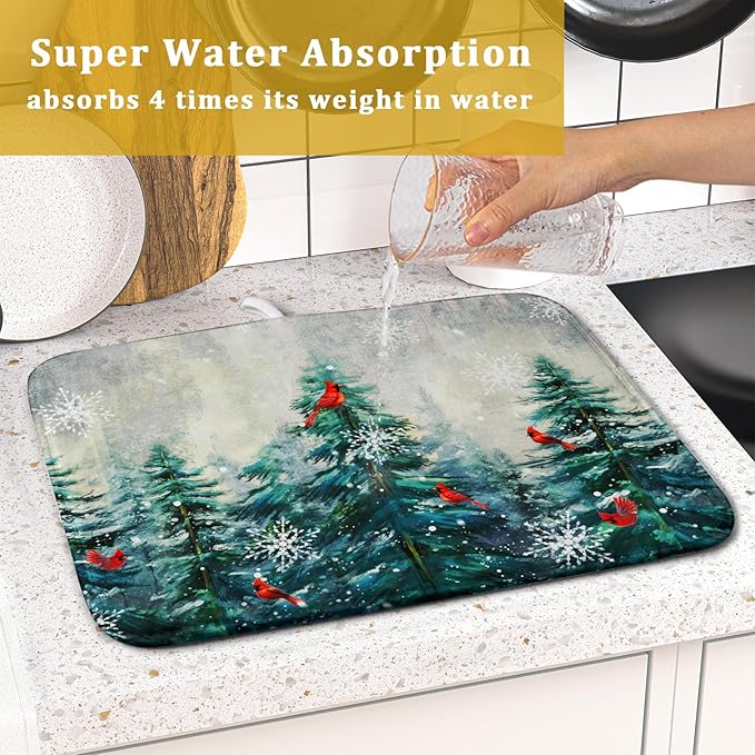 Pine Tree Dish Drying Mat for Kitchen Countertop Red Bird Dishes Mats Winter