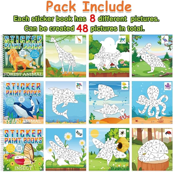 6 Pcs Paint by Sticker Books for Kids Ages 4-8 Sticker by Number Books Activity Book for Kids Ages 3-5 Sticker Puzzle Book Craft Art Toddler Girls Gift with Dinosaur Unicorn Forest Animal 48 Pictures