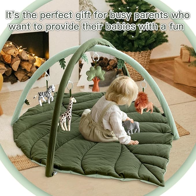 Baby Play Gym with Mat Leaf Shaped, Baby Play Mat with 6 Hanging Toys Tummy Time Mat, Baby Gym Activity Center, Washable (Green)