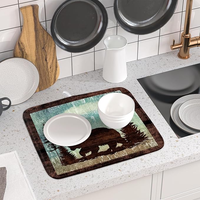 Giwawa Retro Brown Bear Forest Cabin Dish Drying Mat Countertop 16x18 Fall Blue