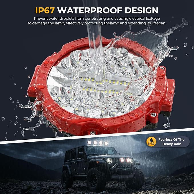 7 INCH Round LED Light Bar MUVKQC 201W Off-Road Driving Lights 21000lm LED Work Lights Pod with Wiring Harness for Pickup SUV ATV UTV Trucks Tractor (2PCS 201W Red+1 Set 2-Lead Wiring Harness)