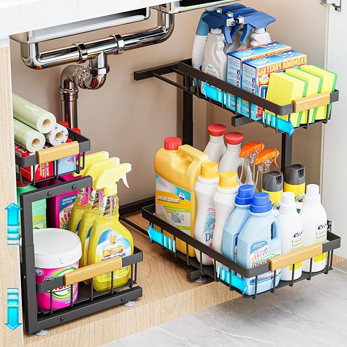 ADBIU Under Sink Organizer, 2 Pack 2 Tier Expandable Height Pull out Kitchen