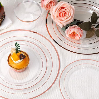 bUCLA 600PCS Clear Rose Gold Plastic Dinnerware Set Disposable - Include 100 Dinner Plates, 100 Dessert Plates, 100 Knives, 100 Forks, 100 Spoons, 100 Cups for Party, Wedding & Mother’s Day