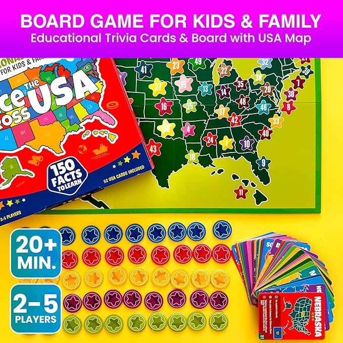 QUOKKA States of America Board Game for Kids Ages 8-12 and Families – Learn US States, Capitals, Landmarks & Fun Facts – Trivia Game with 50 Cards & Map Board – Educational Game for Classrooms or Home