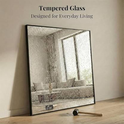 30''x30'' Square Black Bathroom Mirror, Matte Metal Framed Wall Mirror