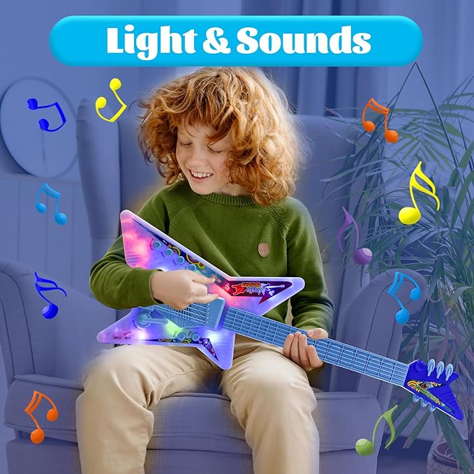 Guitar and Microphone Play Set with Glasses,Music Toys with Music&Light,Kids Karaoke Machine,Music Instruments for Toddlers,Boys,Perschool Educational Toys Gift for Children