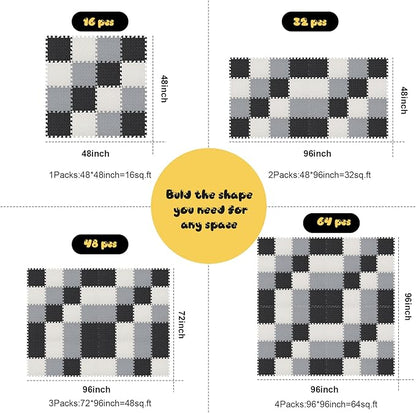 Shihanee Foam Floor Baby Tiles Foam Floor Mats Play Mats Bulk with Borders Interlocking for Kids Baby Playroom Nursery Gym (Black, White and Gray,64ft)