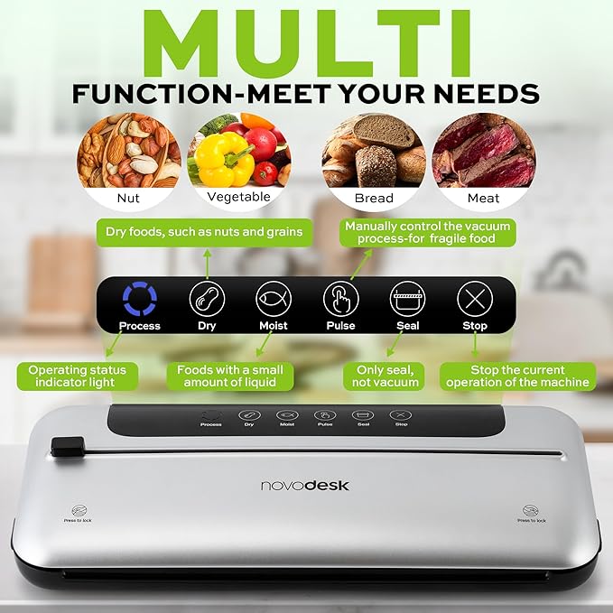 75KPa 6-in-1 Automatic Vacuum Sealer Machine | Digital Food Saver with Pulse Function | Dry & Moist Food Modes | Includes 12 Vacuum Bags, External Sliding Blade & External VAC for Jars/Containers