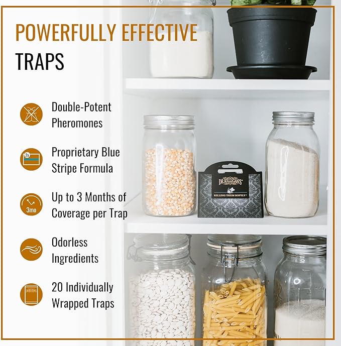 Dr. Killigan's Premium Double Potent Pantry Moth Traps with Pheromones Prime, Sticky Indian Meal Moth Traps for Kitchen, How to Get Rid of Moths in House (20 Pack, Black)