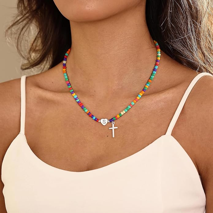 Colorful Initial Necklaces for Girls Women Kids - Teen Girls Gifts Trendy Cross Cross Beaded Initial Necklace Dainty Letter Gifts Choker Necklace for Girl Jewelry