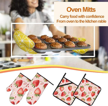 Strawberry Daisy Pattern Oven Gloves and Hot Pads Set