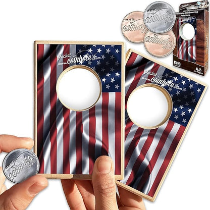 Coinhole Desktop Coin Bouncing Party Game Set | Tabletop Cornhole Board Game | Small Cornhole Travel Game Includes Coins