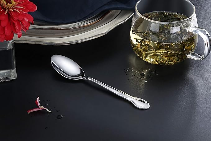 New Star Foodservice 58727 Rose Pattern, 18/0 Stainless Steel, Teaspoon, 6.2-Inch, Set of 12
