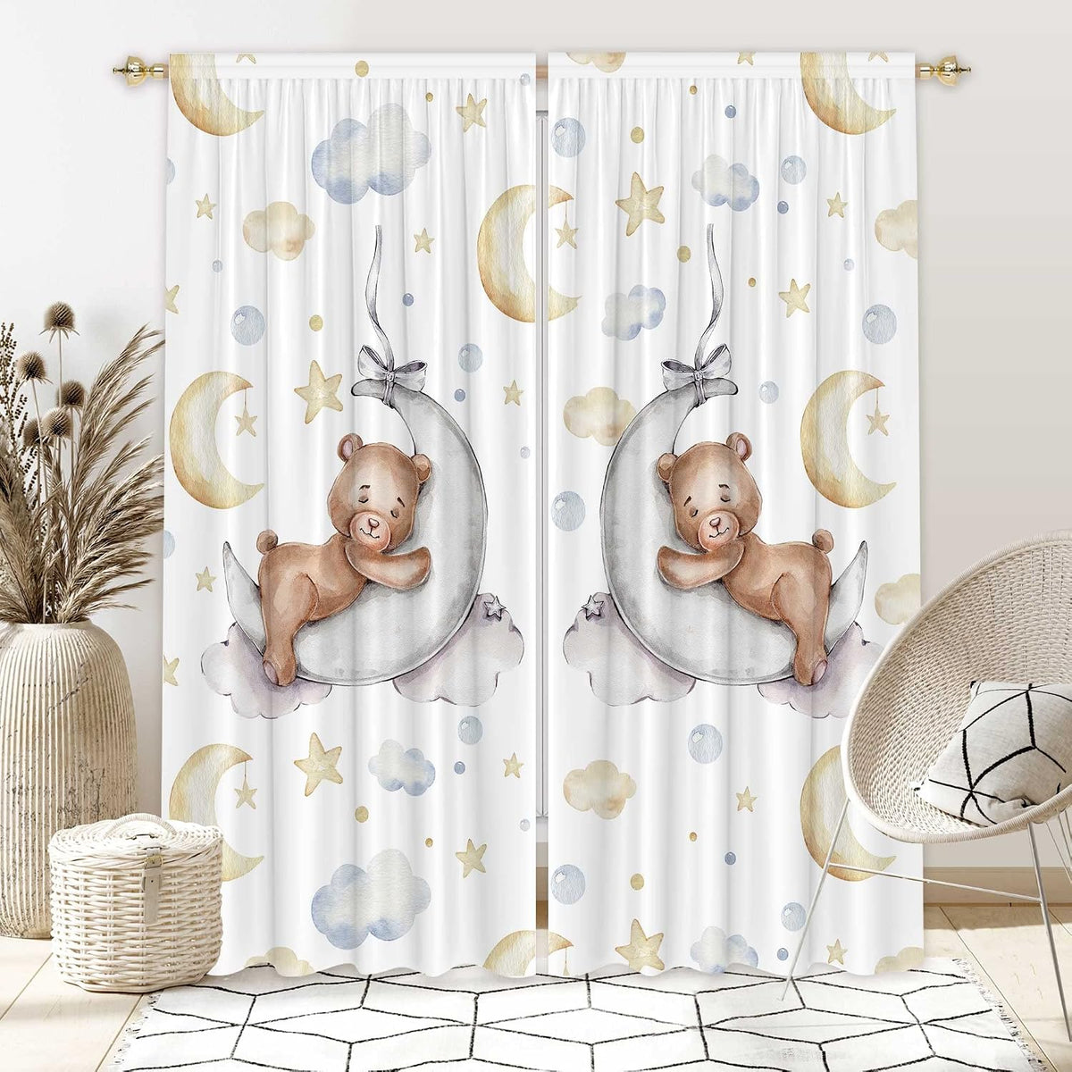 82" Wx 84" L Cartoon Lovely Bear Moon and Stars Window Curtains for Baby Room Bedroom Nursery Home Decor Decorations with Fabric Machine Washable