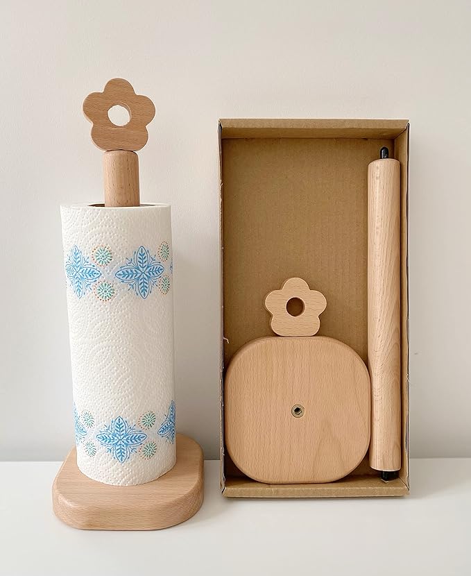 Paper Towel Holder, Wooden Kitchen Roll Stand Organizer Free Standing,