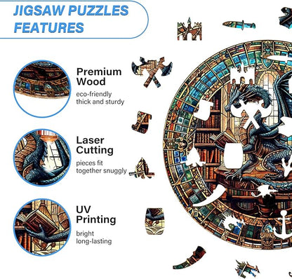 WOODBESTS Wooden Puzzles for Adults (505 Piece, XL, 17.3"x17.3") Dragon's Library Wood Puzzle Adult, Unique Wooden Animal Jigsaw Puzzles, Family Game and Birthday Gifts for Friend