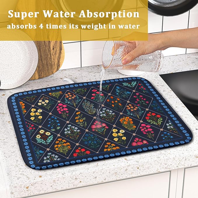 Lapis Blue Dish Drying Mat for Kitchen Counter Flowers Microfiber Absorbent