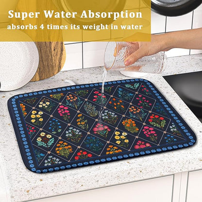 Lapis Blue Dish Drying Mat for Kitchen Counter Flowers Microfiber Absorbent