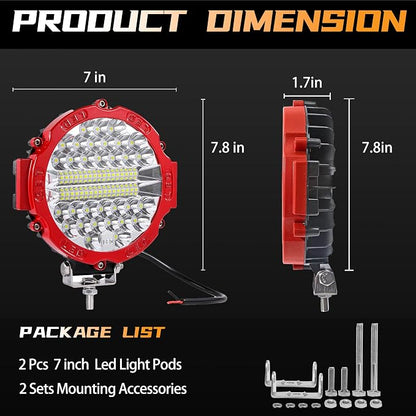 Round Off Road LED Pods Lights,7 Inch Bumper LED Driving Bars 201W 12V 24V Tractor Driving Fog Flood Spot Work Lamp for SUV,ATV,UTV,Truck 2pack (Red)
