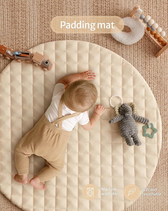 Blissful Diary Baby Play Gym Mat, Tummy Time Activity Mat with 6 Detachable Toys for Stage-Based Sensory & Motor Skill Development, Easy to Install & Clean, Baby Essentials Gift, Sandy Beige