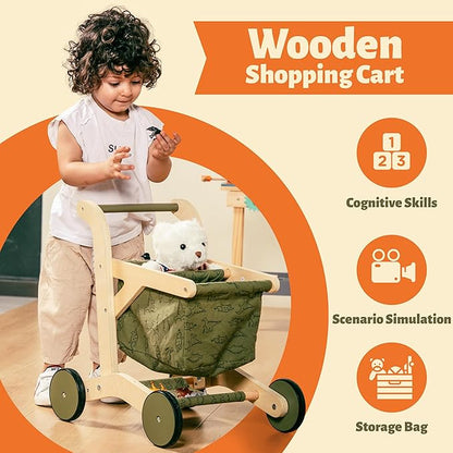 Kids Shopping Cart & Wooden Baby Walker – Baby Doll Stroller for Toddlers 1-3, Push Toy Walker, Montessori Toddler Walking Toy & Baby Shopping Cart – Durable Toddler Walker Push Toy