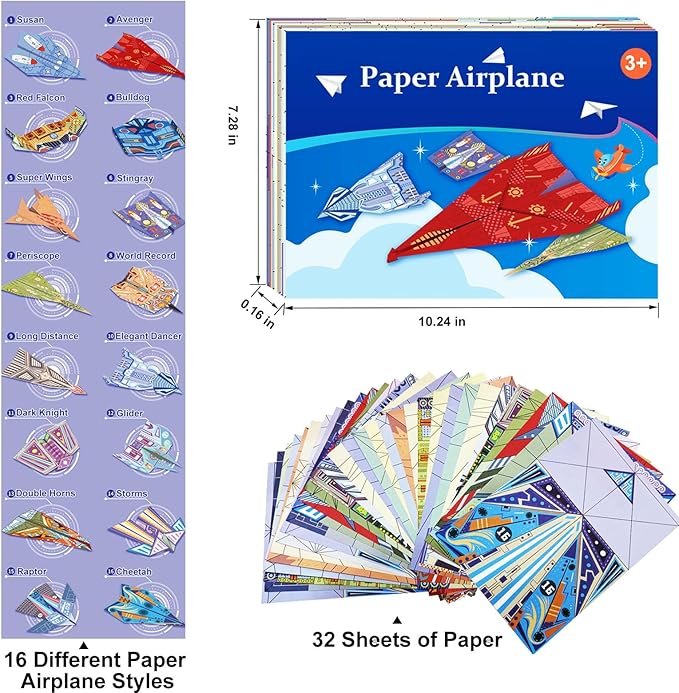 Paper Airplane Kits with 16 Classic Designs, 32 Sheets of Colorful Origami Paper, World Record Paper Planes, Airplane Gifts for Boys and Girls Ages 6-12+ (Digital Manual Only, Fun and Easy to Fold)