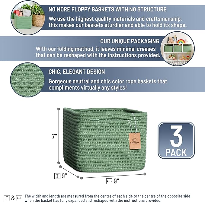 NaturalCozy Storage Cubes 9”x9”x7”Cotton Rope Woven Baskets