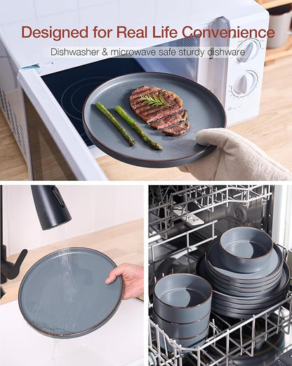 Famiware Nebula Ridge Stoneware Dinnerware Sets, Plates and Bowls Sets for 4, 12 Pieces Dishes Set, Microwave and Dishwasher Safe Kitchen Plates, Charcoal
